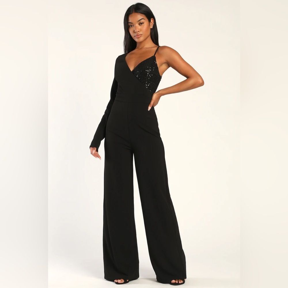 Lulus Dash of Glitter Black Sequin One-Shoulder Wide-Leg Jumpsuit